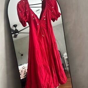 Red Smocked Midi Sundress with Puff Sleeves